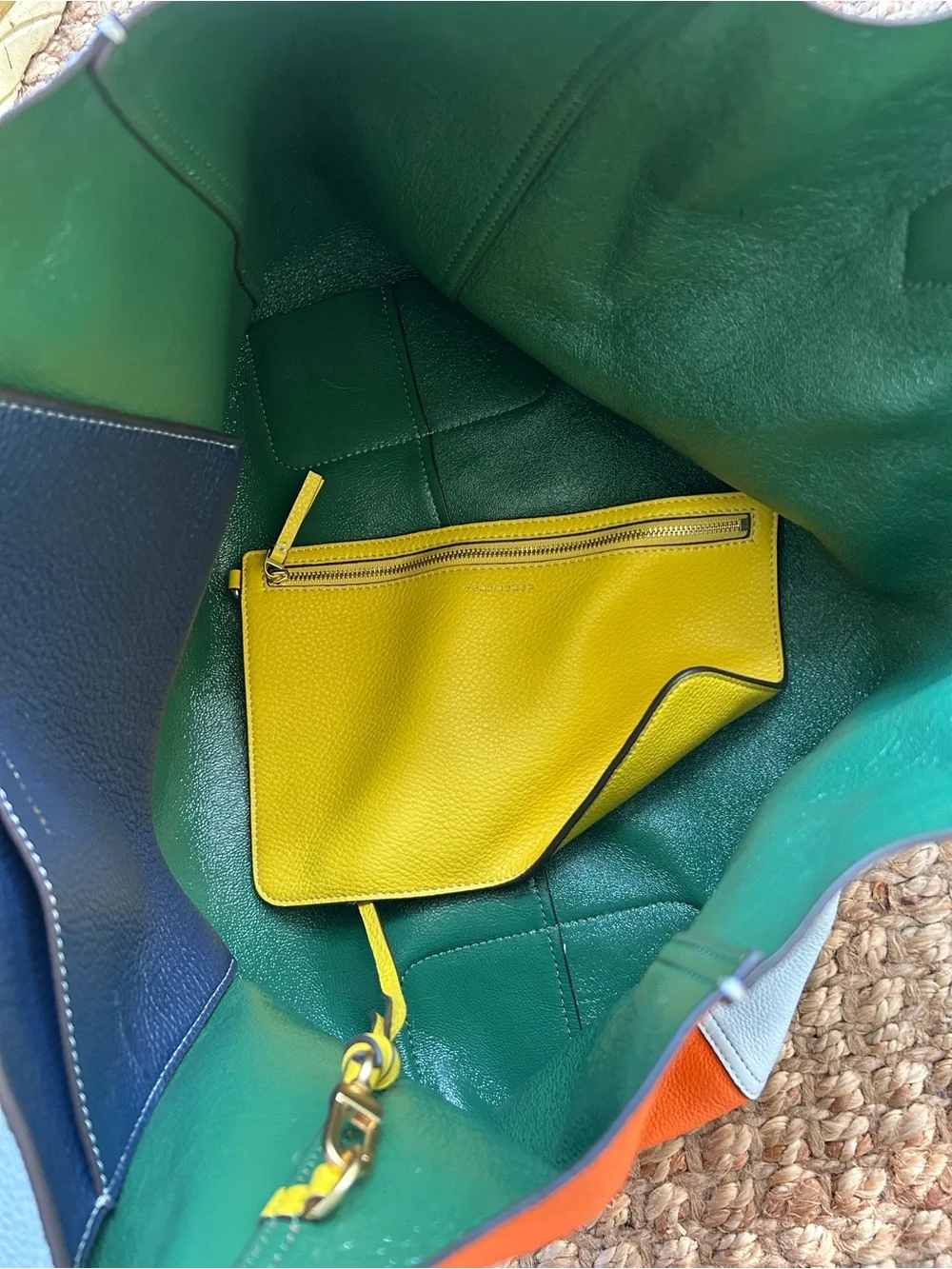Tory Burch baby blue Pebbled Leather Tote with Orange, Red & Yellow Accents